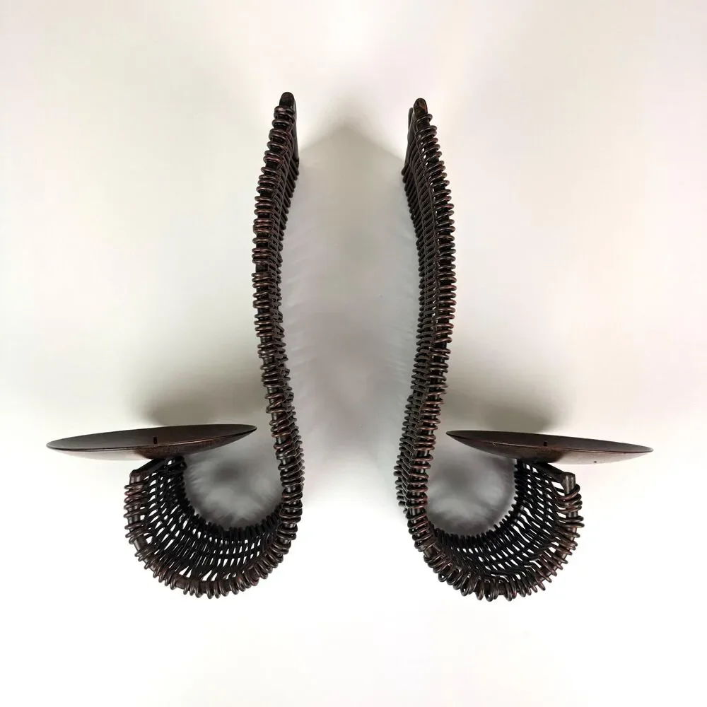 Vintage Pair of Woven Metal Candle Holder Wall Sconces / Rustic Brutalist Decor